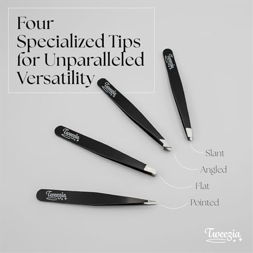 TWEEZIA Stainless Steel Tweezer Set - 4 Precision Tweezers with Mirror & Leather Case - Ideal Eyebrow Kit, Ingrown Hair Tweezers, Splinter Removal Kit or Pointed Tweezers for Beauty and Personal Care
