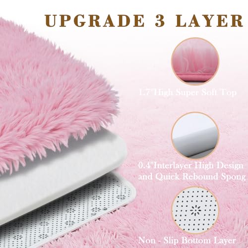 Soft Plush Pink Shag Area Rug, 2x3 Non-Slip Bedroom Carpet