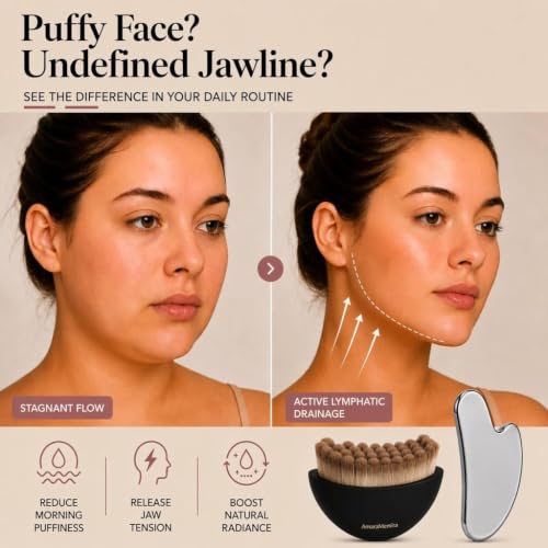 AmaraMemira Lymphatic Face Brush & Stainless Steel Gua Sha Set