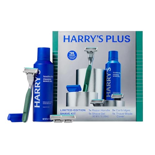 Harry's Plus Shave Gift Set for Men, Limited Edition Shave Kit for Men, 1 Razor Handle, 3 Cartridges, 1 Travel Blade Cover, and 6.7 oz Foaming Shave Gel