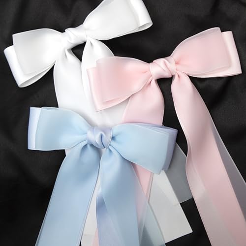 GiLi 3PCS Colorful Hair Bows for Women Girls - White Blue Pink Ribbon Clips