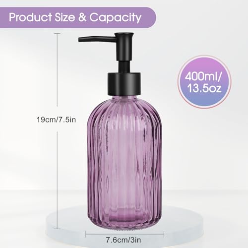 Topsky 2 Pack Purple Glass Soap Dispensers with Black Plastic Pump, 400ml Liquid Hand Soap Dispenser for Kitchen & Bathroom