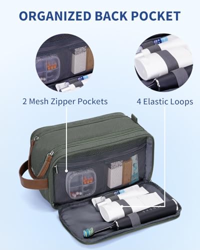 WANDF Medium Travel Toiletry Bag for Men - Green Canvas Dopp Kit with Wet Pocket