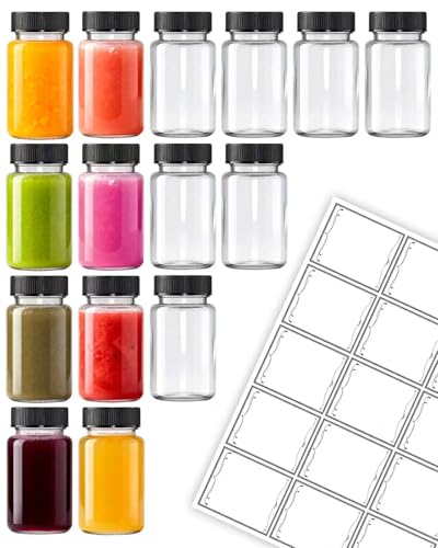 15-Pack 2 Oz Glass Juice Shot Bottles with Black Caps - BPA-Free & Leak-Proof