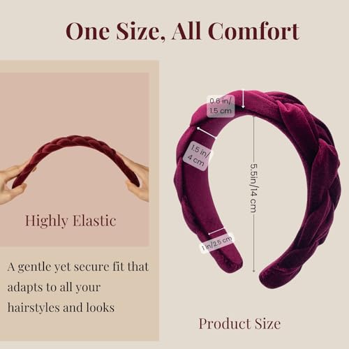 Dresyu Burgundy Braided Velvet Headband for Women, Padded Non-Slip Hair Accessory