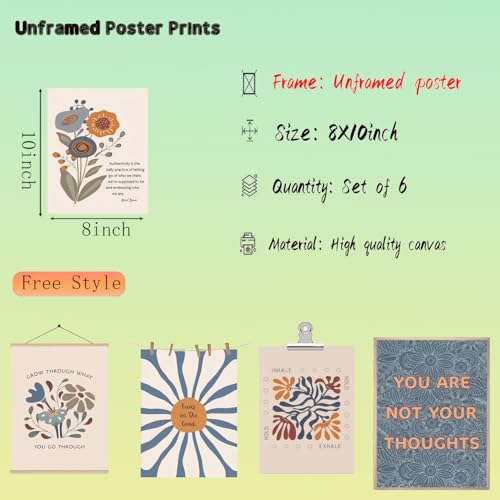 Motivational Mental Health Posters - Set of 6 Boho Prints 8x10in