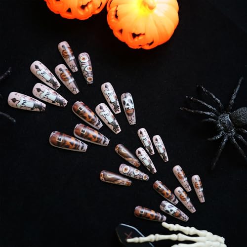 WYFHDT Halloween Press-On Nails - Long Square Fake Nails with Pumpkin & Candy Designs, 24pcs, Reusable Glue-On Full Cover Coffin Style, Variation 5