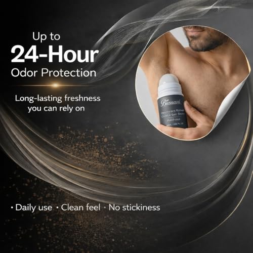 Bussani Men's Natural Roll-On Deodorant - 24H Odor Protection, Patchouli Scent, Aluminum-Free, 2.02 oz
