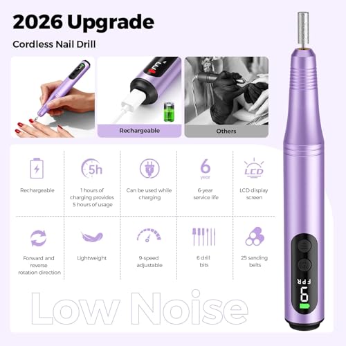 Ccigedy Cordless Electric Nail Drill for Acrylic & Gel Nails - Purple