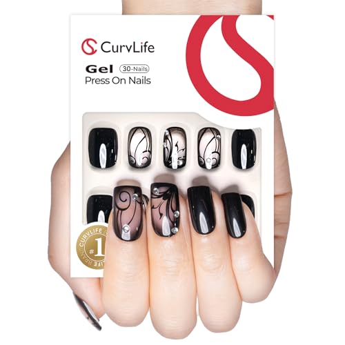 CurvLife Press On Nails Set - 32PCS Soft Gel with Rhinestones