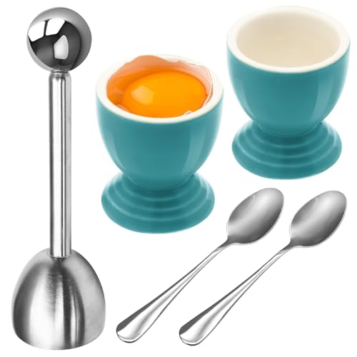 Caribbean Egg Serving Set | 2 Ceramic Cups, Egg Cutter & Spoons