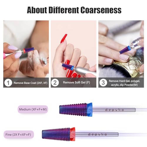 Depvko 5-in-1 Nail Drill Bits Purple Fine-F 3/32" Carbide Two-Way Rotation