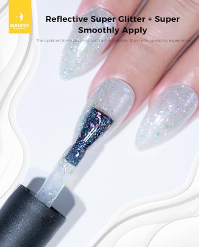 BURANO YH11 Holographic Silver Glitter Gel Nail Polish - Reflective UV Top Coat