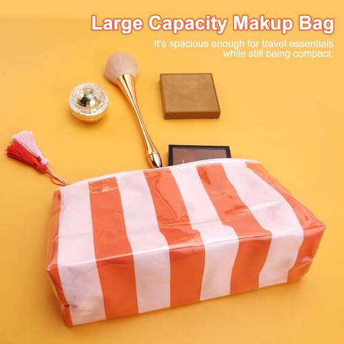 Cute Pink-Orange Striped Makeup Bag - Waterproof Travel Pouch