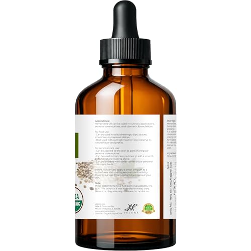 Velona USDA Organic Hemp Seed Oil - Cold Pressed 4 fl oz with Dropper, Natural Skin & Culinary Oil