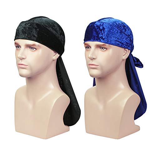 2 Pack Premium Crushed Velvet Durag for 360 Waves - Long Tail Headwear