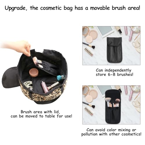 SUMBABO Leopard Drawstring Makeup Bag with Brush Holder, Travel Cosmetic Organizer
