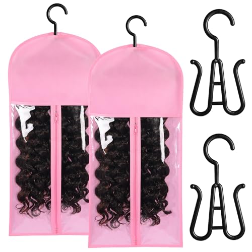 AIHOPESTO 2PCS Pink Wig Holder & Storage Bags with Hanger, Portable Wig Organizer for Multiple Wigs & Extensions
