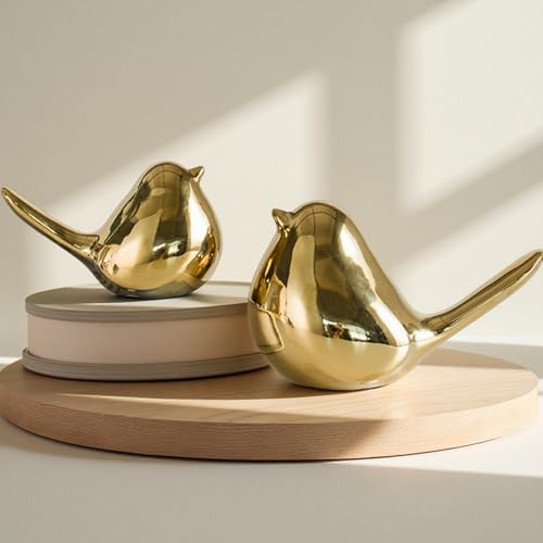 Ceramic Bird Figurines Set of 2 - Chubby Gold Statues for Home Decor