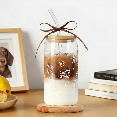 Dachshund Glass Tumbler with Lid & Straw - 16oz Coffee Cup Gift