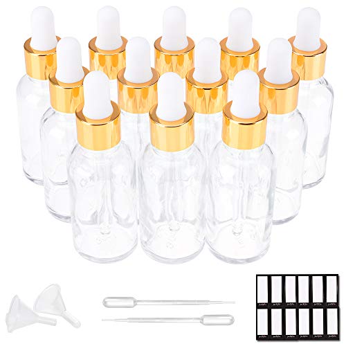 PrettyCare 1 oz Clear Glass Eye Dropper Bottles - 12 Pack with Pipettes & Labels