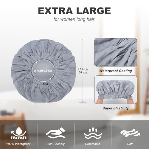 ELEBOX 4-Pack Premium Extra Large Shower Cap Jumbo 15 inch - Waterproof Spa/Braids Bonnets (Black, Blue, Gray, Red)
