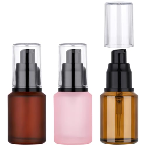 Segbeauty 3-Pack 1oz Frosted Glass Travel Lotion Bottles Amber Pink Red, Refillable 30ml Pump Dispenser