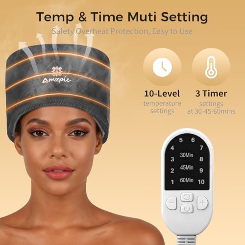 Amzpic Black Thermal Heat Cap for Deep Conditioning - Electric Hair Steamer with 10-Level Temperature Control