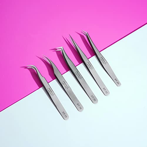 Eyelash Extension Tweezers Set - 5 Pcs Curved & Straight Lash Applicators for Volume & Cluster Lashes