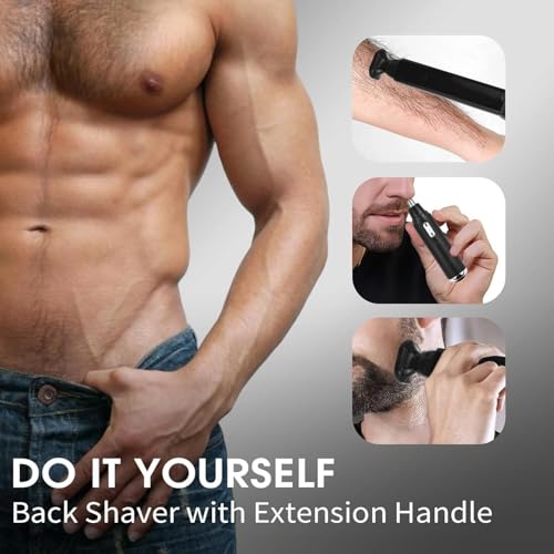 Back Shavers for Men Long Handle,Multifunctional Self-Service Electric Back Hair Razor with Adjustable Handle,Men's Back Shaver wiht Nose Hair Trimmer Set and 2 Shock Absorber Flex Heads£¬Black