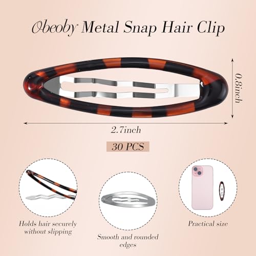 Obeoby Tortoiseshell Oval Hair Clips Set - 30 Stylish Snap Barrettes for Women & Girls