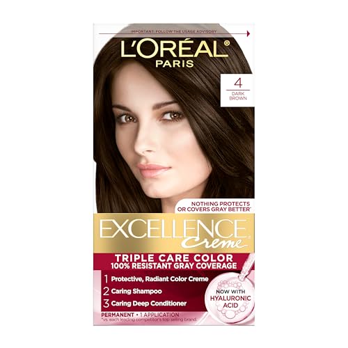 L'Oreal Paris Excellence Cr?me Permanent Hair Dye, Triple Care Hair Color with Hyaluronic Acid for 100% Gray Coverage, 4 Dark Brown, 1 Kit (Packaging May Vary)