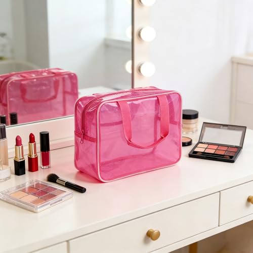Pink Transparent PVC Travel Cosmetic Bag Waterproof Makeup Organizer with Handle - 11.8 x 5.12 x 8.26 inches