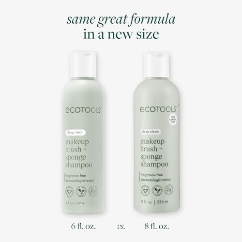EcoTools Makeup Brush + Sponge Shampoo, Remove Makeup & Impurities From Tools, Sponges, & Puffs, Fragrance-Free Brush Cleanser, No Harsh Chemicals, Vegan, & Cruelty-Free, 8 fl. oz./236 ml. Bottle