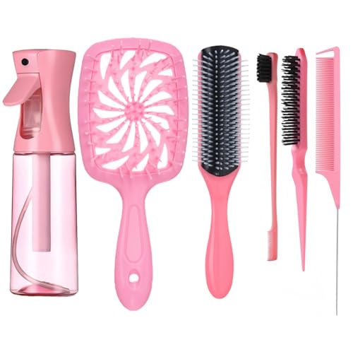 Olportkah 6-Piece Pink Hair Brush Set with Detangling Brush & Spray Bottle