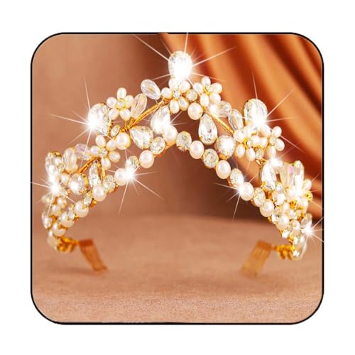 Yean Gold Crystal Wedding Tiara with Pearls and Flowers for Bridal Hair Accessories