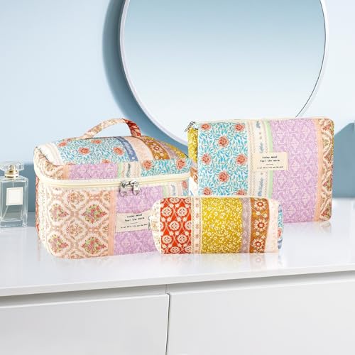 URSKYTOUS 3-Piece Floral Quilted Makeup Bag Set with Travel Organizer - Large & Small Cosmetic Pouches for Women, Portable Toiletry Bags, Cute Aesthetic Design