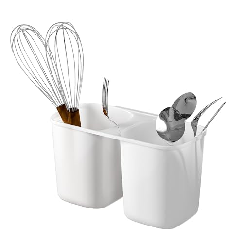 SANNO Hanging Utensil Holder Caddy with Dual Compartments - White