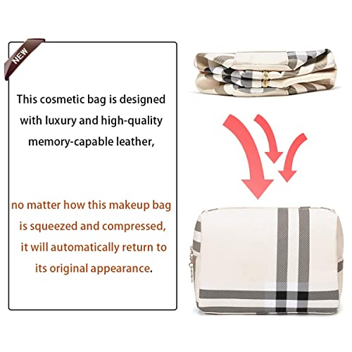 Jessyline Large Vegan Leather Makeup Bag - Travel Cosmetic Pouch (Beige)