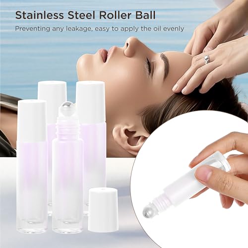 SESENSE White 10ml Essential Oil Roller Bottles 12 Pack with Funnel, Dropper & Stainless Steel Balls