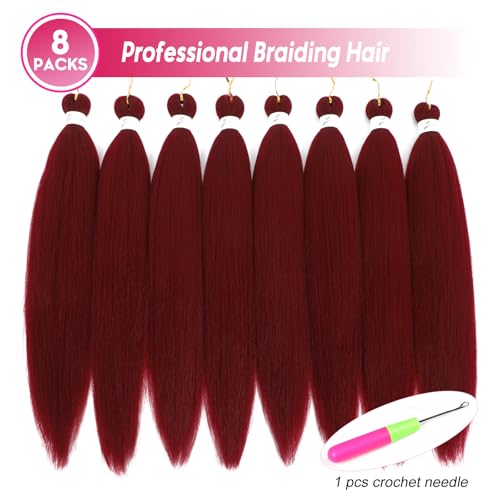 Riseety 20-Inch Pre-Stretched Braiding Hair - 8 Packs Burgundy Yaki Synthetic