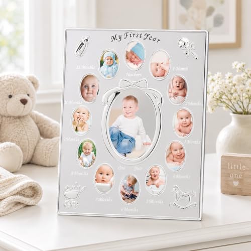 My First Year Baby Milestone Photo Frame - Silver Display for 12 Photos