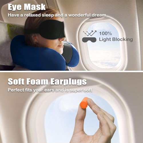 Elvodosia Memory Foam Travel Neck Pillow with Eye Mask & Earplugs - Blue