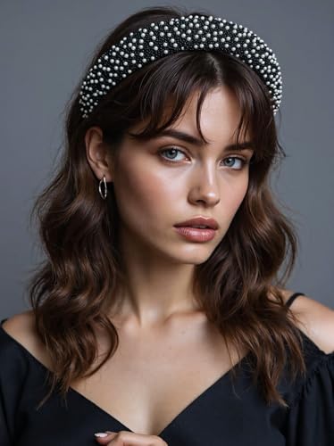 GIYAWA 2 Pieces Rhinestone & Pearl Headbands Black & Grey Wide Elegant Hair Accessories for Women