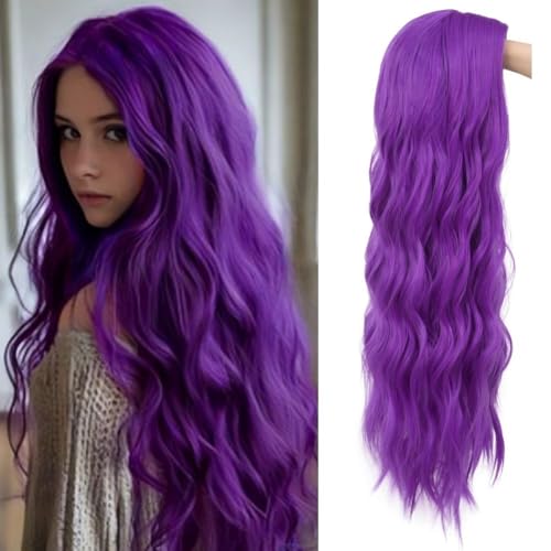 Siudus Purple Wavy Long Wigs for Women - Curly Middle Part Cosplay Hair