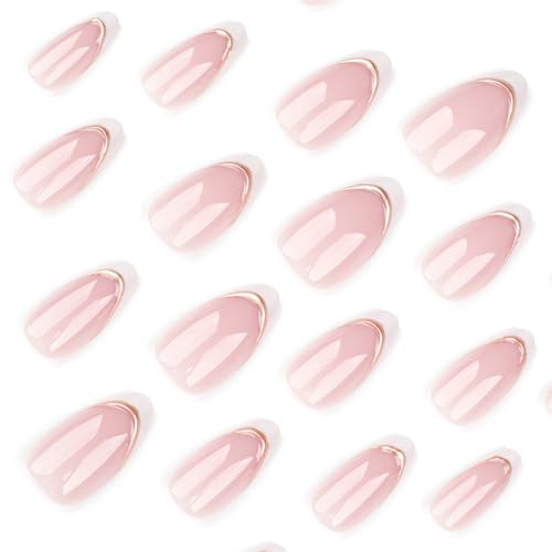 Short Almond Press On Nails - White French Tip with Gold Line