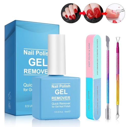 Natural Gel Nail Polish Remover Set with Nail Buffer & Cuticle Pusher