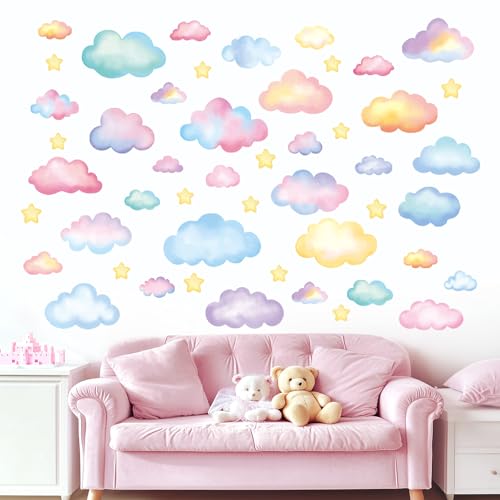 Soft Pastel Watercolor Cloud and Star Wall Stickers for Nursery