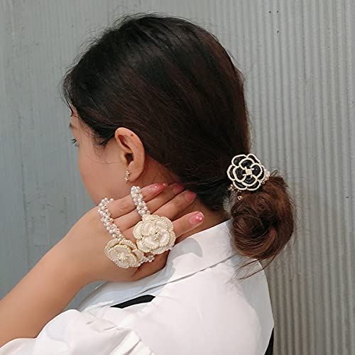 Floral 3Pcs Elastic Beaded Hair Ties with Bow Rhinestone Flowers for Women & Girls