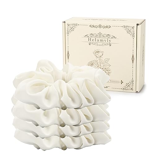 Helamvly 4 Pack Large White Silk Satin Scrunchies for Thick Hair - Handmade, Premium Quality
